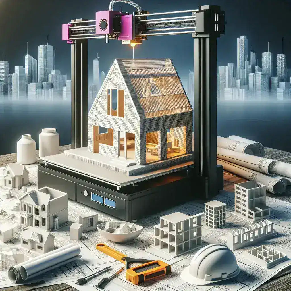 "Impresión 3D en la construcción de viviendas asequibles, mostrando una máquina diseñando una casa moderna con tecnología innovadora, resaltando la revolución en el sector de la arquitectura y la construcción sostenible."