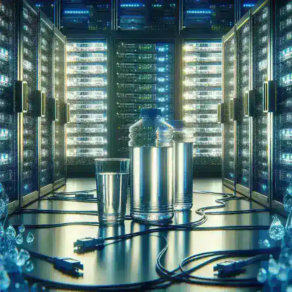 "Data center in Spain showcasing energy consumption and water usage metrics, highlighting the impact of technology on environmental sustainability."