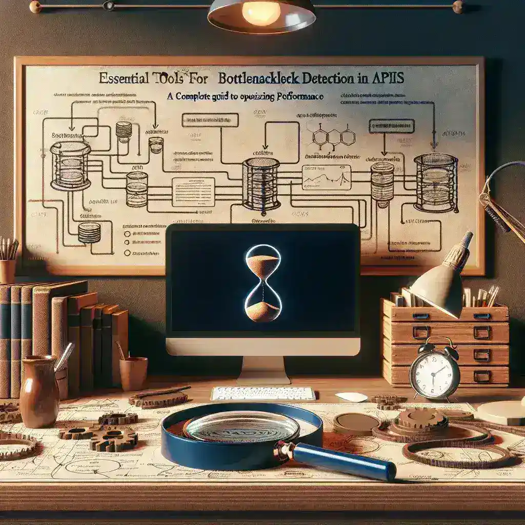 "Imagen que muestra las herramientas esenciales para detectar cuellos de botella en APIs, incluyendo gráficos de análisis, paneles de métricas y ejemplos de visualización de rendimiento, como parte de una guía completa para optimizar el rendimiento de las APIs."